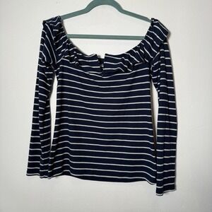 Aeropostale Seriously Soft Striped Ruffle Off Shoulder Long‎ Sleeve Top Navy XL